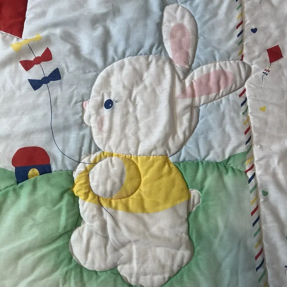 Vintage Bunny Applique Baby Crib Quilt Blanket Nursery Decor Pastel Kites 32x40